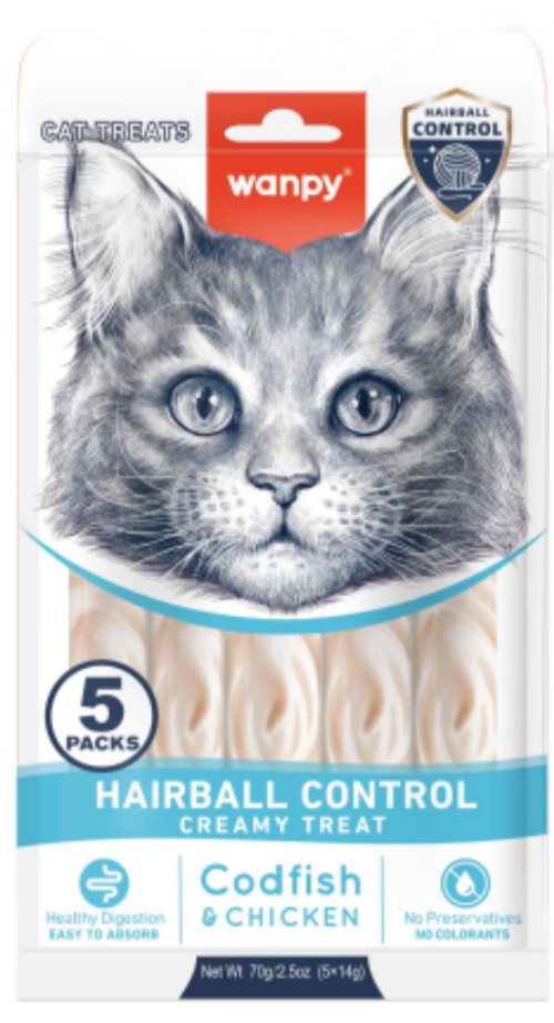 Wanpy Adult Cat Functional Creamy Lickable Treat - Codfish & Chicken (Hairball Control) 70 g Pouch
